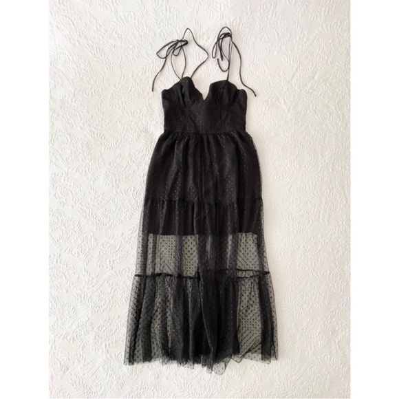 NWOT Lulus Romantic Spot Black Polka Dot Mesh Tiered Midi Dress - Picture 2 of 8